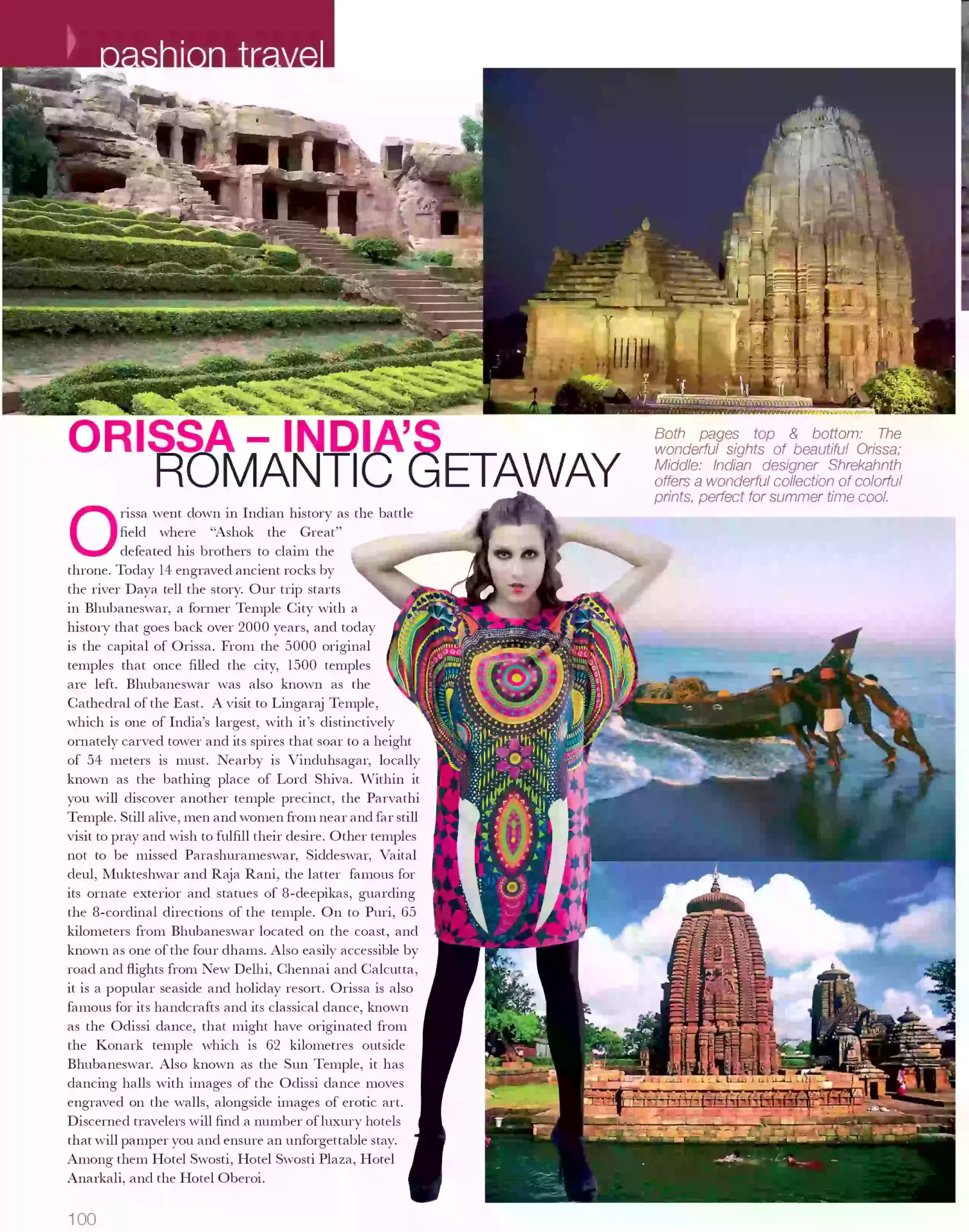 Travel feature in Pashion Magazine Egypt on Orissa (Odisha), India, with a model wearing a psychedelic digital print dress by Indian designer Shrekahnth.
